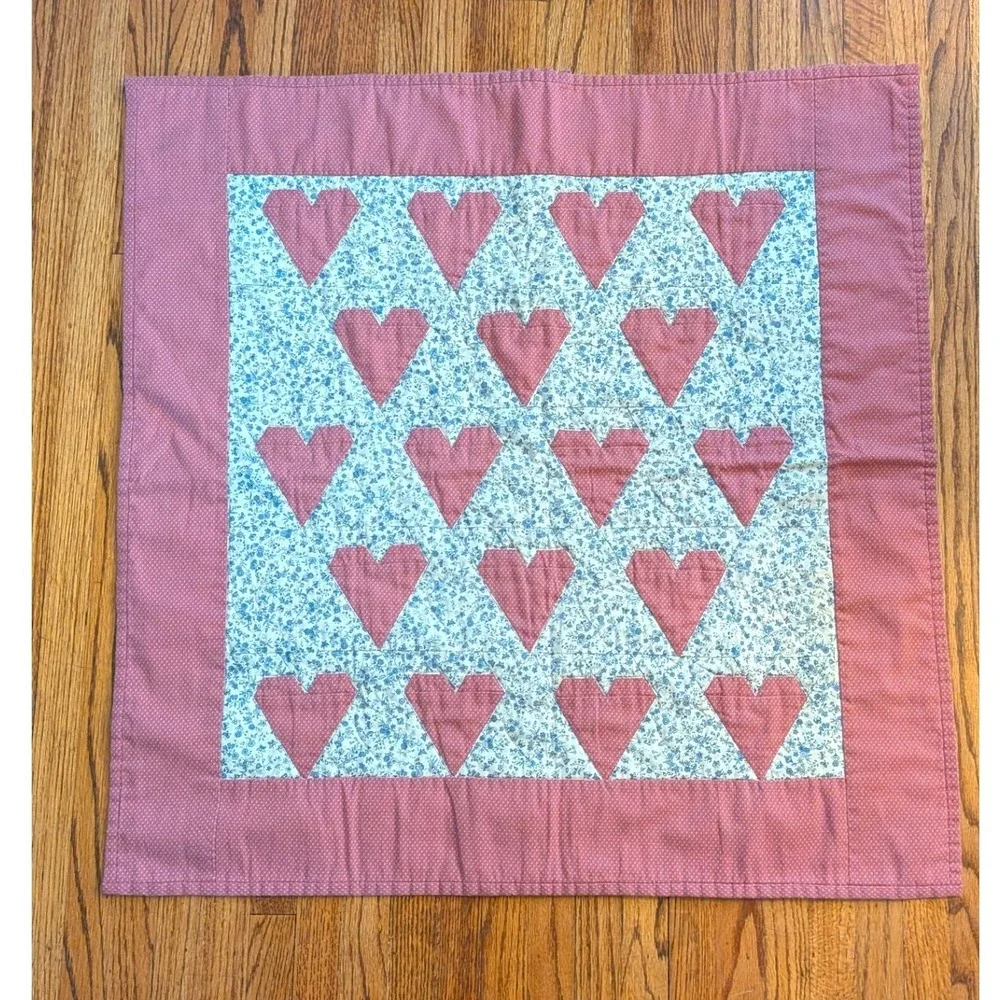 Vintage Style Quilted Heart Wall Hanging Pink Blue Floral Nursery Decor 28x28